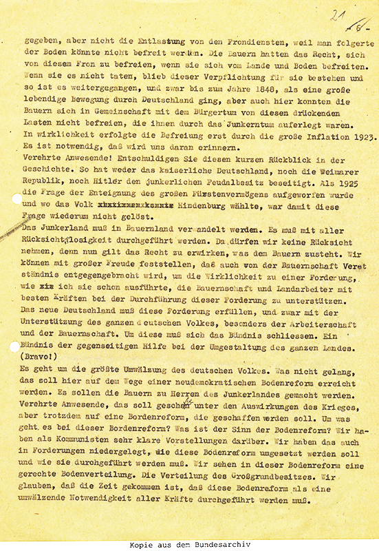 Stiftung Archiv der Parteien und Massenorganisationen im Bundesarchiv BArch (SAPMO), NY 4036/684 (Nachlass Wilhelm Pieck), Bl. 21r.