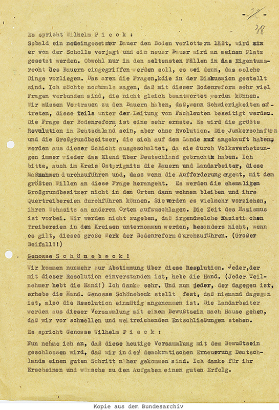 Stiftung Archiv der Parteien und Massenorganisationen im Bundesarchiv BArch (SAPMO), NY 4036/684 (Nachlass Wilhelm Pieck), Bl. 38r.